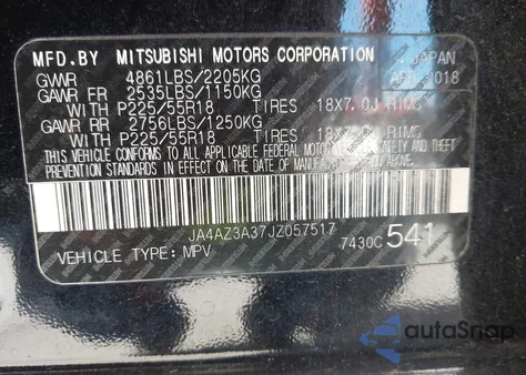 2018 Mitsubishi Outlander Es from USA, damaged, VIN JA4AZ3A37JZ057517